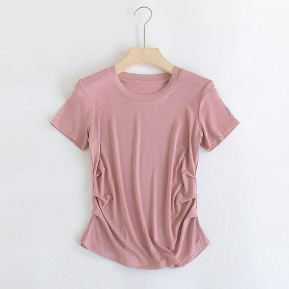 Tawop Women Shirts Womens Tee Shirts Round Neck Short Sleeve Solid Pink L(Us:8)