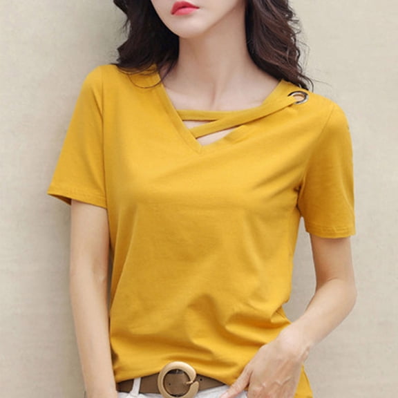 Tawop Women Shirts Womens Tee Shirts Short Sleeve Solid Loose Summer V Neck Pullover Tank Hooded Yellow L