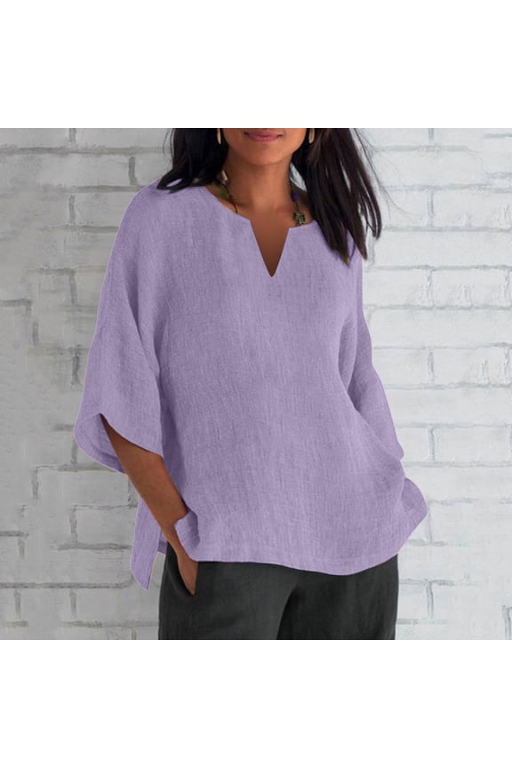 Women Shirts Womens Tee Shirts Solid Summer V Neck Linen Purple M(Us:6)