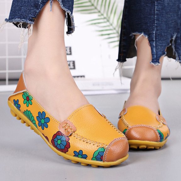 Tawop Women Shoes Fashion Women Ankle Strap Summer Printing Slip-On Flats Shose Yellow Size 8.5