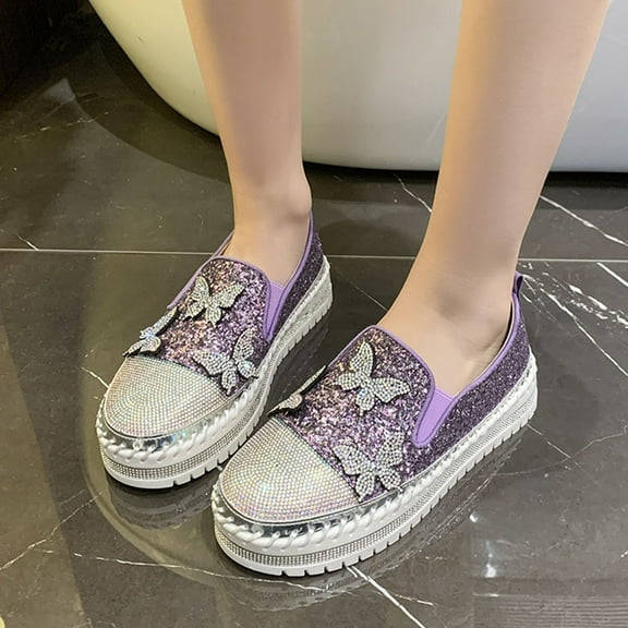 Tawop Women Shoes Womens Dress Shoes Work Shoes Casual Slip On Round Toe Rhinestone Purple 10