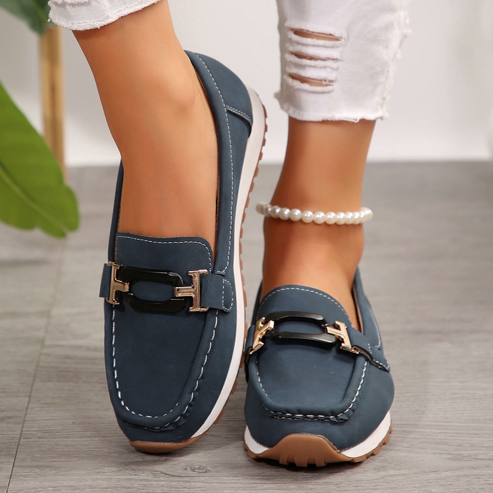 Tawop Women Shoes Womens Dress Shoes Work Shoes Comfort Round Toe Casual  Loafers Slip On Metal Buckle Dark Blue 6.5 - Walmart.com