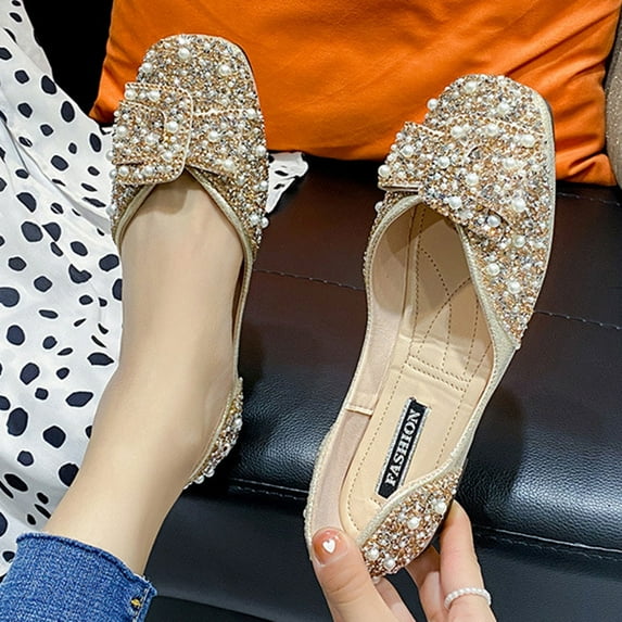 Tawop Women Shoes Womens Dress Shoes Work Shoes Flats Round Toe Casual Slip On Bow Rhinestone Gold 6