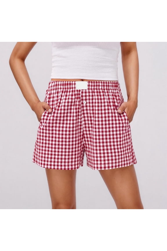Women Shorts Gingham Checkered Pajama Comfortable Loungewear Sleep Shorts Elastic Waist with Pockets Red Size:XL