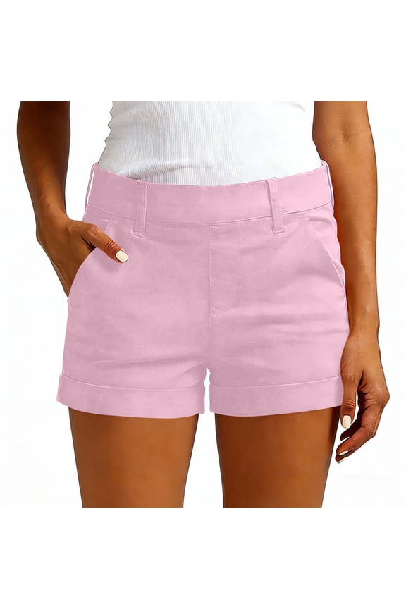 Women Shorts Women's Elastic Waist Chino Shorts with Pockets Belt Loops Cuffed Hem Polyester Casual Workwear Or Everyday Wear