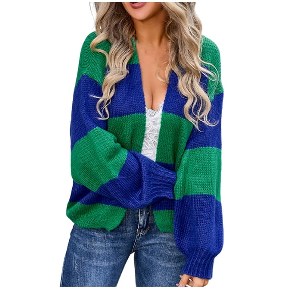 Tawop Women's Cardigans Casual Autumn Loose Striped Printed Long Sleeve Cardigan Large Size Sweater Top Blue M