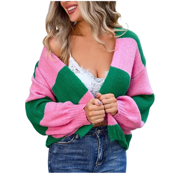 Tawop Women's Cardigans Casual Autumn Loose Striped Printed Long Sleeve Cardigan Large Size Sweater Top Pink L