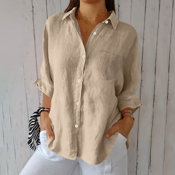 Tawop Women's Shirts ,Lounge Cozy Womens Dress Shirts Long Sleeve Button Linen Cotton Pocket Yellow L