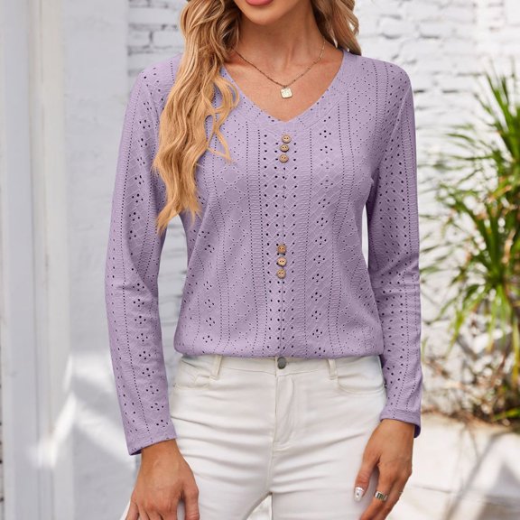 Tawop Women's Shirts Womens T Shirts Long Sleeve Solid Loose V Neck Button Purple L(Us:8)