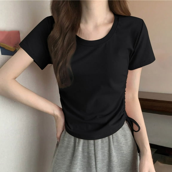 Tawop Women's Shirts Womens T Shirts Round Neck Short Sleeve Solid Loose Summer Pullover Tank Hooded Black Xxl