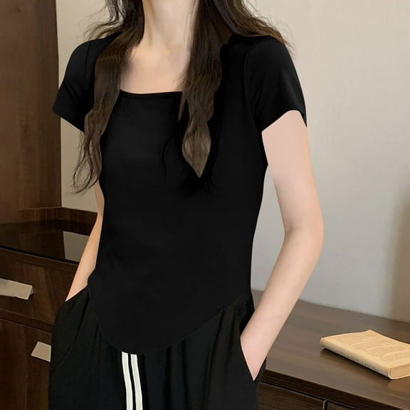 Tawop Women's Shirts Womens T Shirts Round Neck Short Sleeve Solid Low-Cut Black Xl