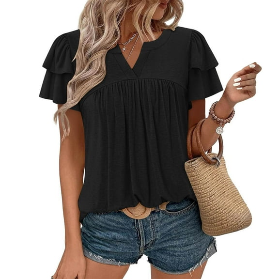 Tawop Women's Shirts Womens T Shirts Round Neck Short Sleeve V Neck Daily Black L