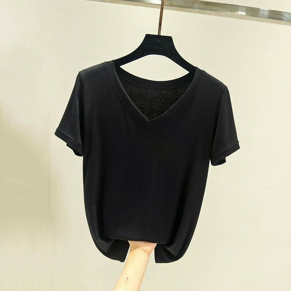 Tawop Women's Shirts Womens T Shirts Short Sleeve Solid Loose Summer V Neck Cotton Black M