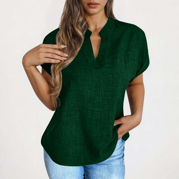 Tawop Women's Shirts Womens T Shirts Short Sleeve Solid Loose V Neck Linen Cotton Green L