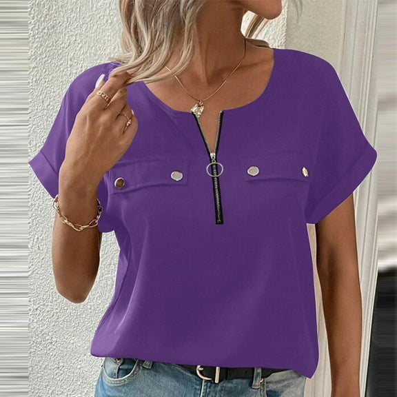 Tawop Women's Shirts Womens T Shirts Short Sleeve Solid Loose V Neck Pullover Hooded Purple M
