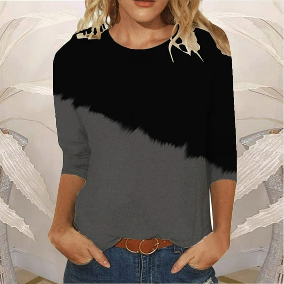 Tawop Women's Shirts Womens Tee Shirts 3 4 Sleeve Round Neck Long Sleeve Floral Gray L(Us:8)