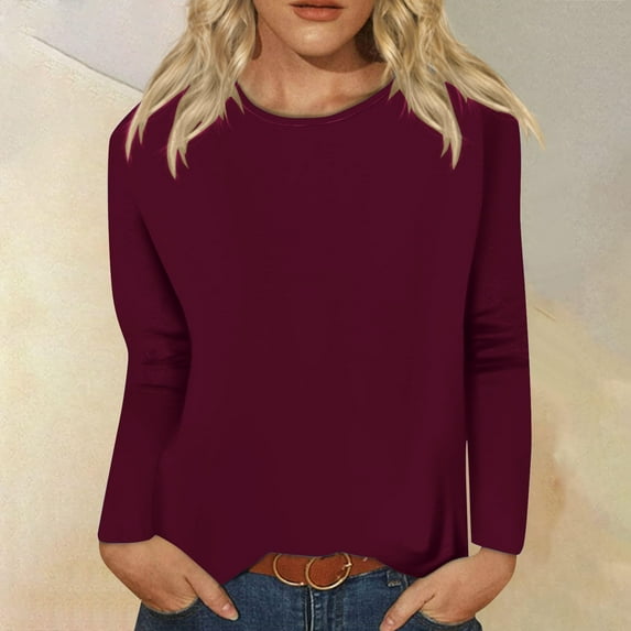 Tawop Womens Shirts Long Sleeve Womens Tee Shirts Round Neck Solid Comfort Red 2XL(Us:12)