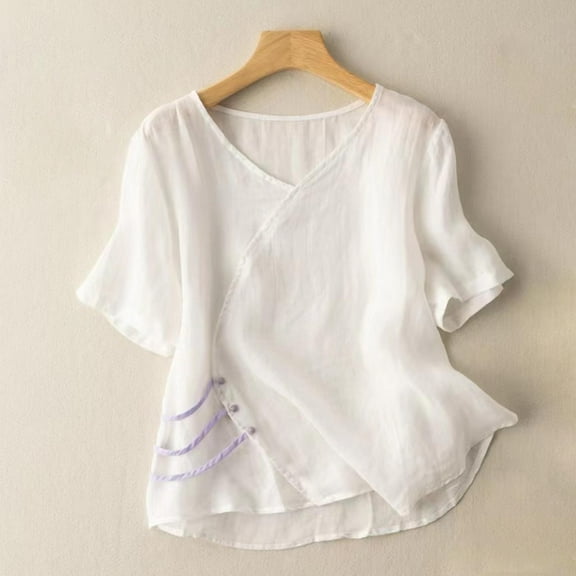 Tawop Women's Shirts Womens Tee Shirts Round Neck Short Sleeve Loose Summer Pullover Linen Tee White Xl(Us:10)