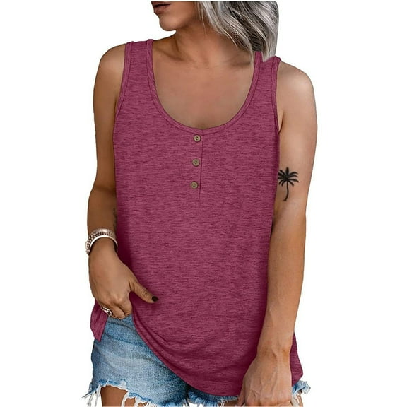 Tawop Women's Shirts Womens Tee Shirts Round Neck Short Sleeve Solid Loose Summer Sleeveless Button Tank Sling Red L(Us:8)