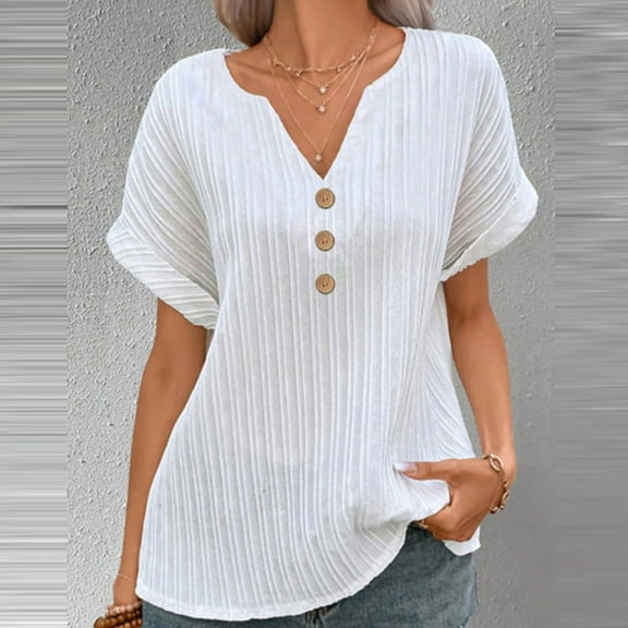 Tawop Women's Shirts Womens Tee Shirts Short Sleeve Loose V Neck Button White M(Us:6)