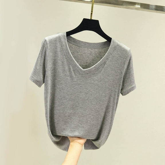 Tawop Women's Shirts Womens Tee Shirts Short Sleeve Solid Loose Summer V Neck Cotton Gray Xxl