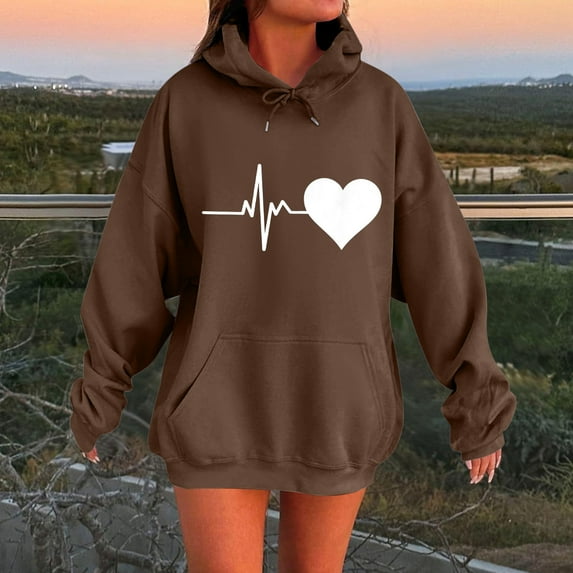 Tawop Women's Sweatshirts and Hoodies Women Tops Sweatshirts for Women Long Sleeve Pockets Tunic Graphic Heart Coffee L
