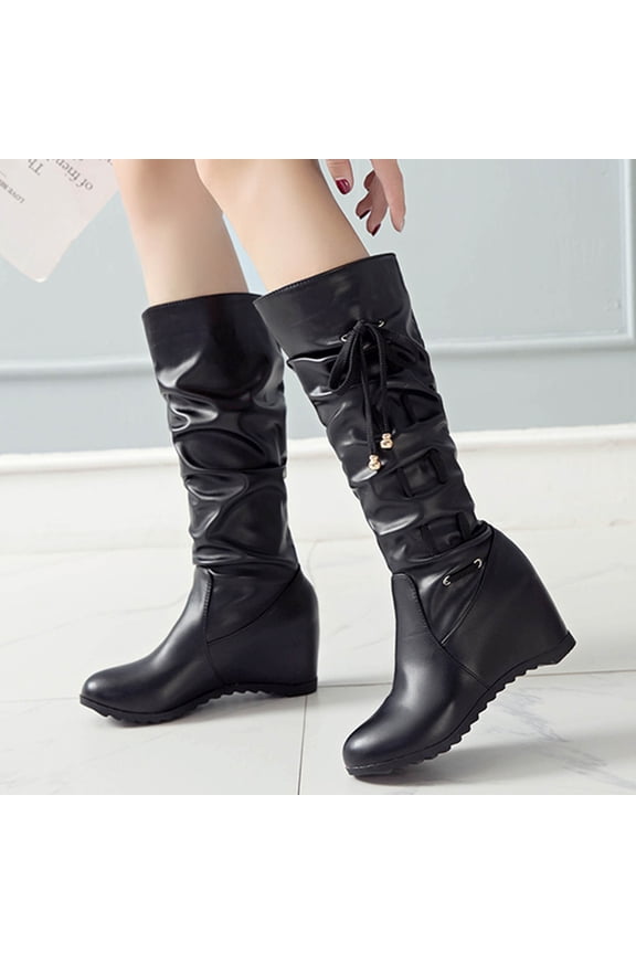 Womens Booties And Ankle Boots, Boots High Heel Shoes Pointed Toe Winter Casual Soild Mid-Calf Zip Boots Pleated Knight Boots Height Increase Duck Boots Heel Boots