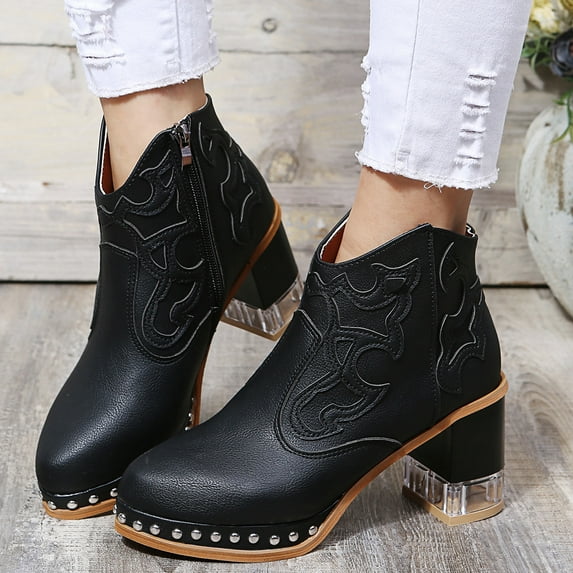Tawop Womens Boots Fall 2022,Embroidered Thick Heel Boots With Side Zipper Short White Cowboy Boots Women Chunky Boots For Women