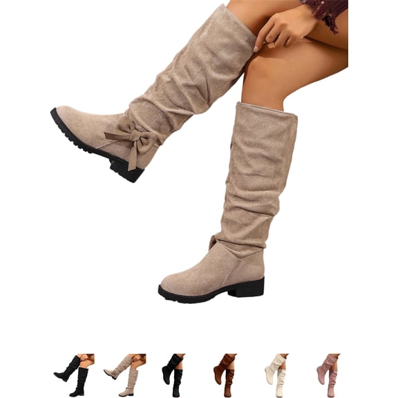 Tawop Womens Boots Sale Under 20 ,Womens Snow Boots Fashion Casual Winter Tall Solid Color Bow Round Toe Heel Mid Calf Womans Boots