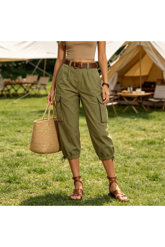 Womens Capris Cargo Capris Adjust Comfort Waist, Ruched Cuffs & Multiple Pockets, Army Green, M