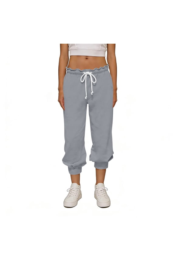 Womens Capris Drawstring Ruffle Waist Strech Workout Casual With Pockets Summer Pants