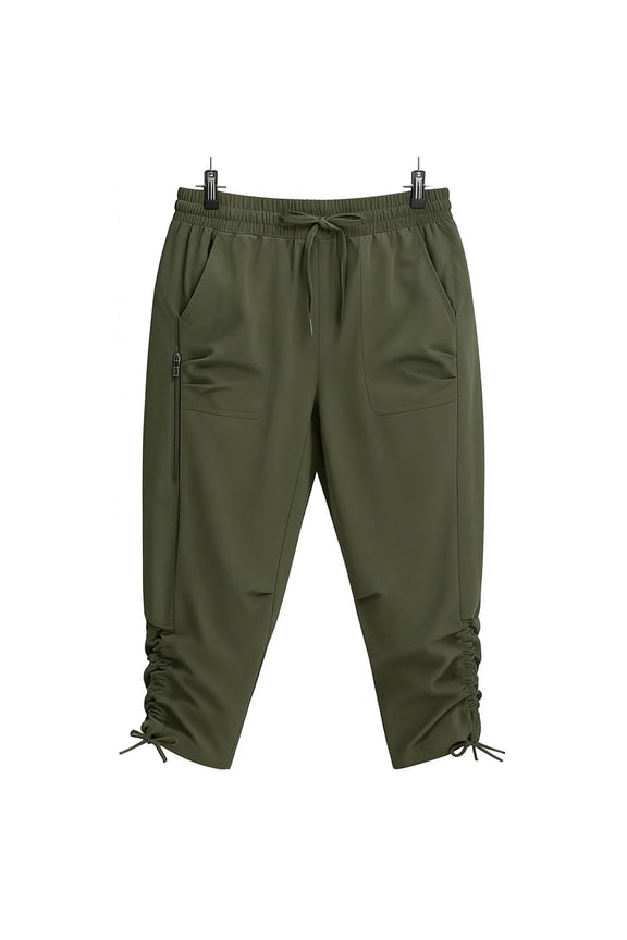 Womens Capris Plus Size & Curvy-Friendly Wide-Leg Pants with Drawstring Waist, Ruched Cuffs & Pockets, Green, L