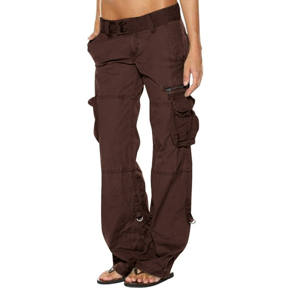 Tawop Womens Cargo Pants Multiple Pockets Low Waist Cargo Pants Straight Leg Button Solid Color Loose Pants