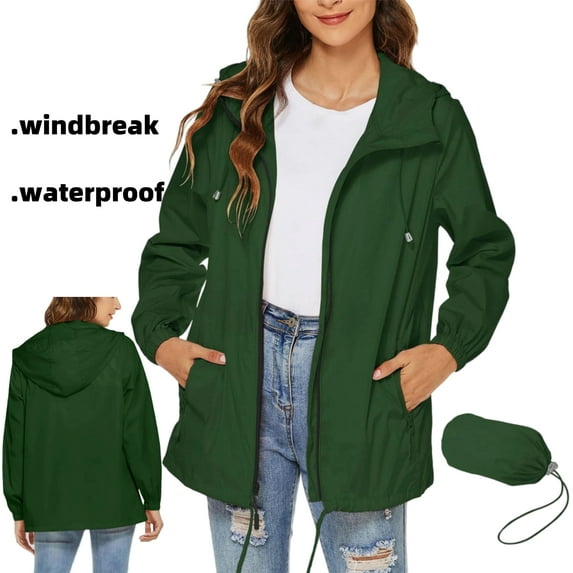 Tawop Womens Jackets Rain Jacket Zip Pockets Hoodies Waterproof Windbreaker Coats for Women with Storage Bag,Green ,L