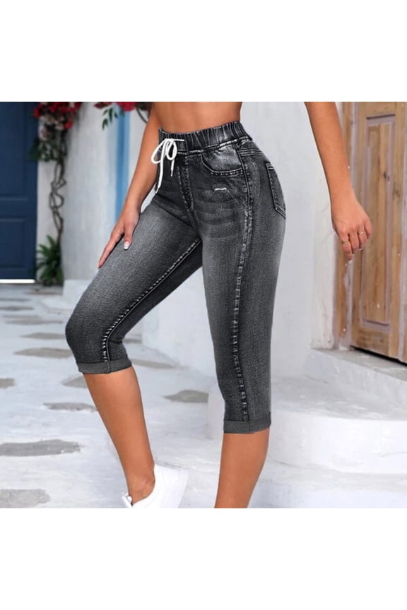 Womens Jean Shorts Denim Crop Pants High Rise Drawstring Elastic Waist Cuffed Slim Capris Jeans Women's Shorts