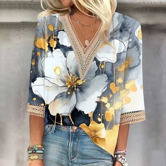 Tawop Womens Long Sleeve Shirts Fashion Printed Shirt 3/4 Sleeves Blouse V Neck Casual Shirt Loose Top (Women'S & Women'S Plus)