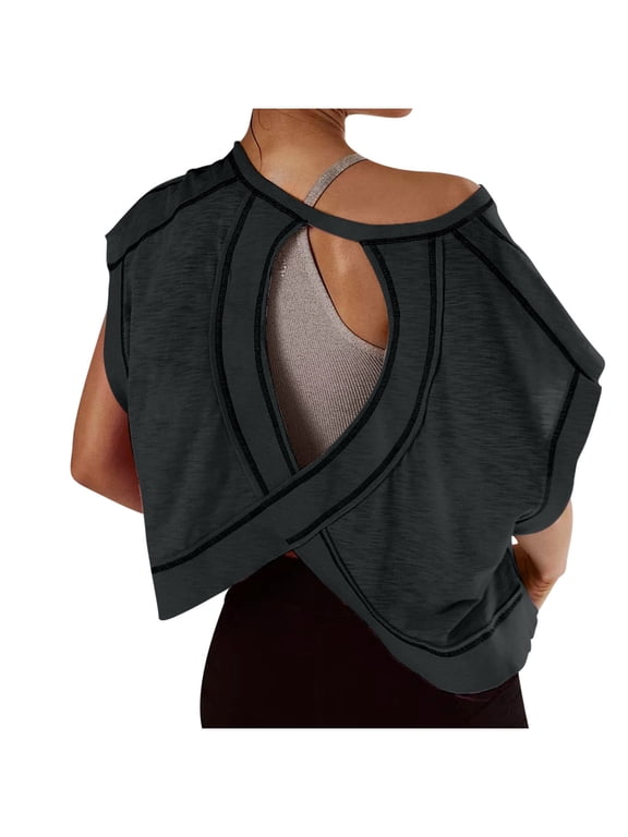 Open Back Tops for Women Workout Backless Short Sleeve Athletic Shirt Crop Top Gym Yoga Tee Womens Shirts
