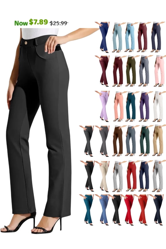 Womens Pants Black Dress Pants for Women Elastic Waist Pull on with Pockets Straight Trousers Black L