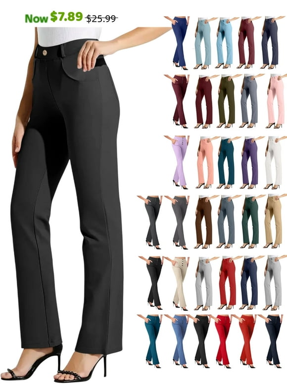 Womens Pants Black Dress Pants for Women Elastic Waist Pull on with Pockets Straight Trousers Black L