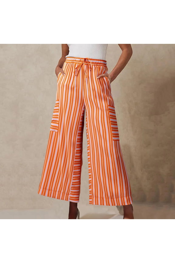 Womens Pants Fashion Palazzo Wide Leg Boho-Style Striped Print Drawstring Casual Elastic Waist Long Pants