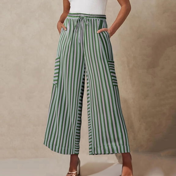 Tawop Womens Pants Fashion Palazzo Wide Leg Boho-Style Striped Print Drawstring Casual Elastic Waist Long Pants