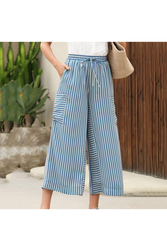 Womens Pants Fashion Palazzo Wide Leg Boho-Style Striped Print Drawstring Casual Elastic Waist Long Pants