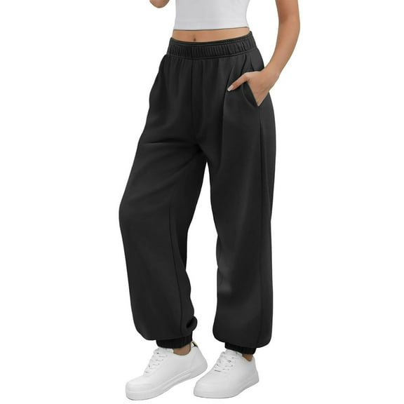 Tawop Womens Pants Hidden Drawstring Elastic Waistband Wide Leg Joggers Loose Mid-Weight Fleece Lined Sweat Pants with Pockets ,Black ,M