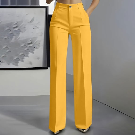 Tawop Womens Pants Straight High Rise Yellow Womens Dress Pants Elegant Zipper Fly Waistband Button Smart Casual Trouser
