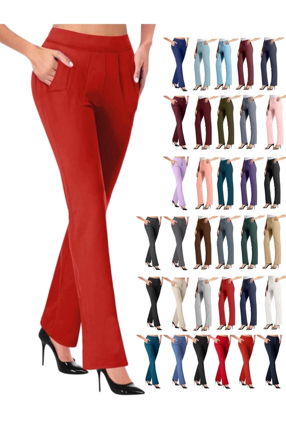 Womens Pants Womens Slacks Office Flare Trousers Elastic Waist Pleated Red S