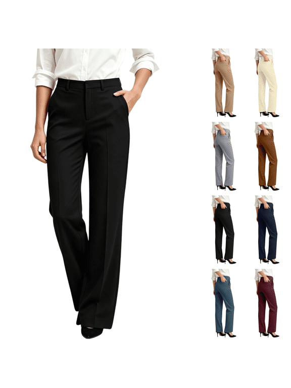 Womens Petite Pants Straight Work Business Casual Womens Trousers with Pockets High Waisted Womens Pants Flat Front Office Ladies Black Dress Pants