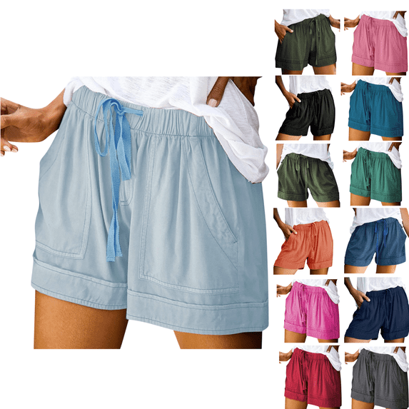 Tawop Shorts Women Loose Fit Elastic Waist Drawstring Cargo Shorts with Spacious Pockets Crisp Stitching Summer Ladies Shorts Light Blue