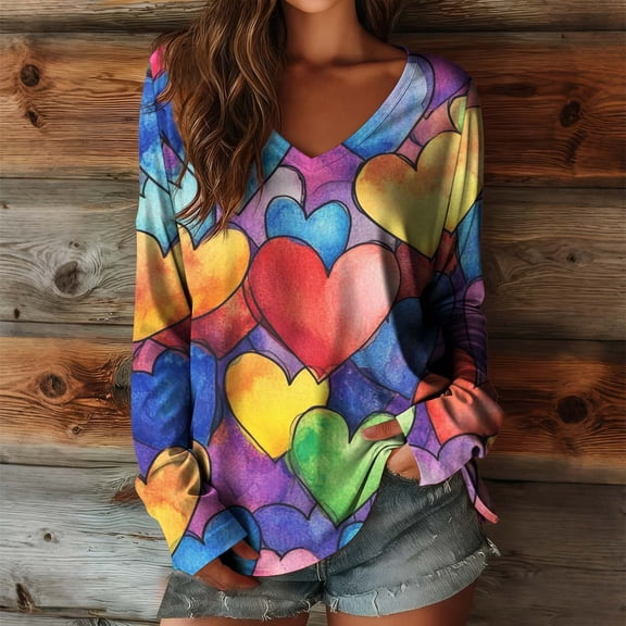 Tawop Womens Shirts Casual Loose Day Printed Long Sleeve V Neck Top Ladies