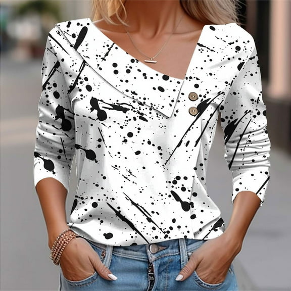 Tawop Womens Shirts Long Sleeves Button Down Lapel Collar Printed,White,Size L