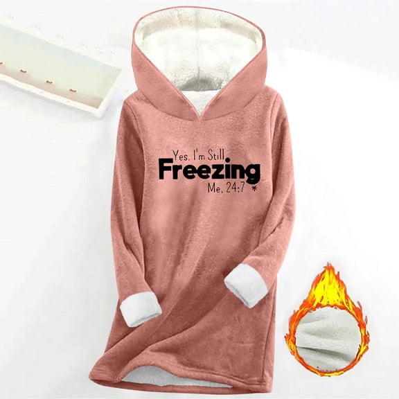 Tawop Womens Shirts Long Sleeves Fleece Hooded Thick Plus Size Loose Fit Warm,Pink,Size S